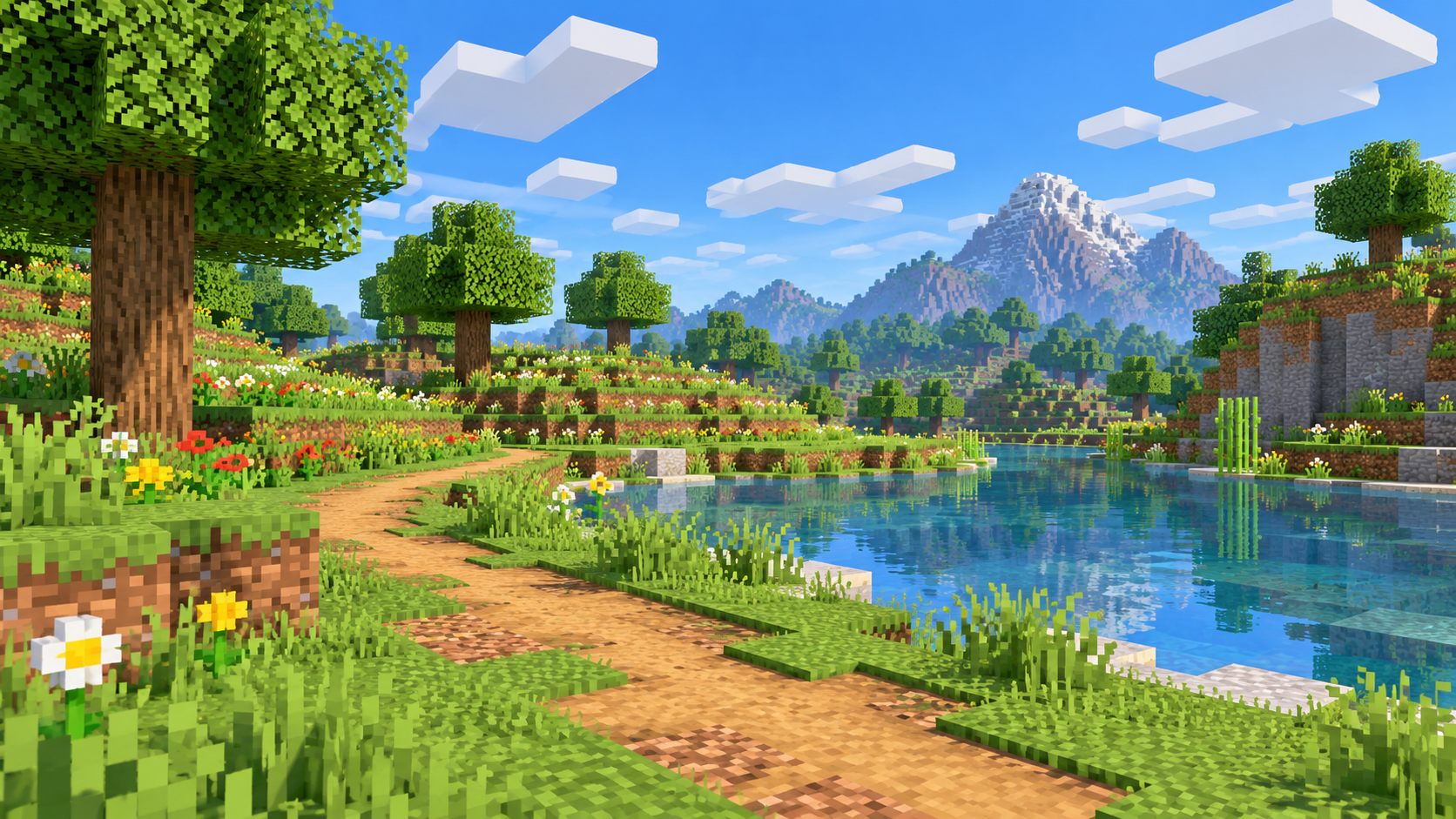Voxel grassland with a winding path, pond and oak trees