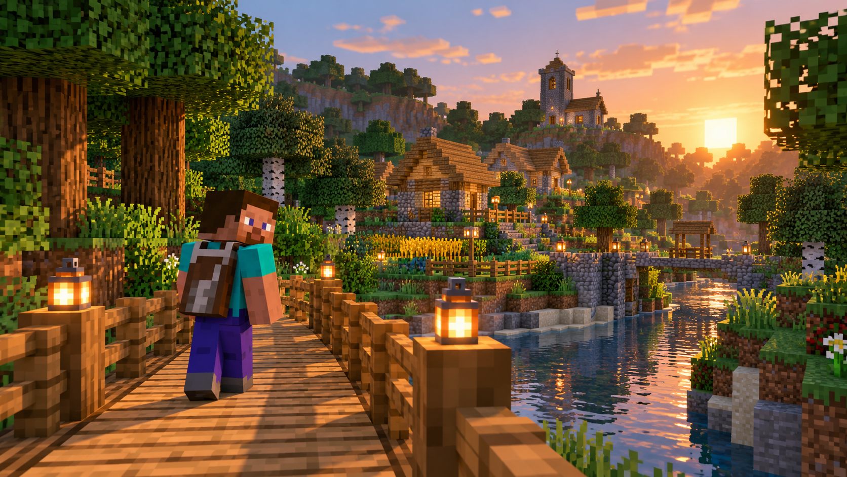 Minecraft player looking across a village bridge