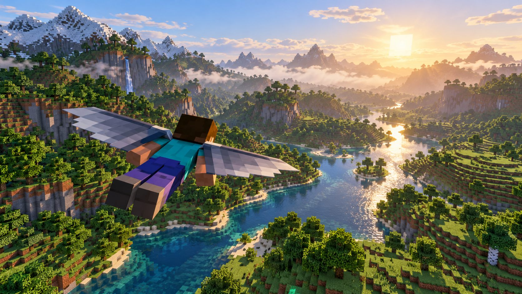 Minecraft Elytra flight above a river valley